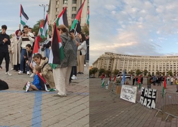 GALERIE FOTO Manipulați de regimul de la Teheran, câțiva tineri au ieșit și în București pentru a protesta împotriva Israelului, exact în contextul în care israelienii comemorează 1 an de la masacrul comis de Hamas