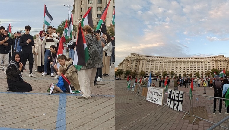 GALERIE FOTO Manipulați de regimul de la Teheran, câțiva tineri au ieșit și în București pentru a protesta împotriva Israelului, exact în contextul în care israelienii comemorează 1 an de la masacrul comis de Hamas