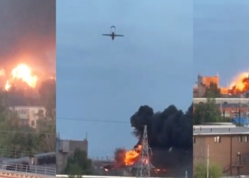 VIDEO. Dronele ucrainene au lovit din nou în adâncul Rusiei. Atacul a fost urmat de explozii, flăcări uriașe și fum gros la o fabrică vitală în producerea de componente pentru războiul electronic, inclusiv antene „Kometa” pentru dronele Shahed. Imagini incredibile cu ruși care fac cu mâna către drone și râd în hohote pe fundal