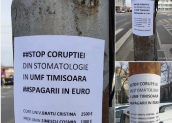 Timișoara, împânzită de afișe care reclamă „șpăgile” uriașe percepute de unele cadre didactice de la Universitatea de Medicină și Farmacie / Ce se află în spatele afișelor / Avertizor de integritate: „Niciodată, în istoria stomatologiei românești nu s-au mai auzit atâtea urlete și condiționări în scopul alinierii către dictatură”