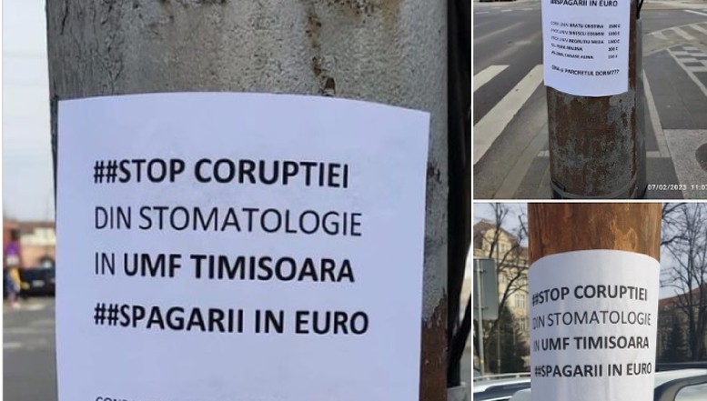 Timișoara, împânzită de afișe care reclamă „șpăgile” uriașe percepute de unele cadre didactice de la Universitatea de Medicină și Farmacie / Ce se află în spatele afișelor / Avertizor de integritate: „Niciodată, în istoria stomatologiei românești nu s-au mai auzit atâtea urlete și condiționări în scopul alinierii către dictatură”