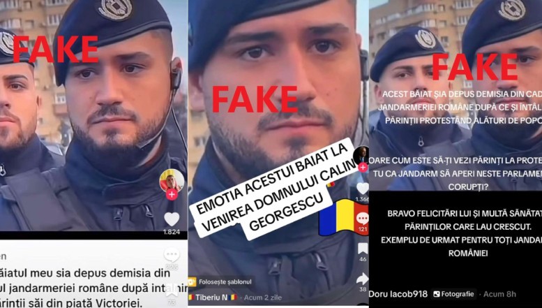 Jandarmeria reacționează la fake-newsul despre jandarmul „cu lacrimi în ochi”  care ar fi demisionat după ce și-a „întâlnit” părinții la un miting pro-Călin Georgescu