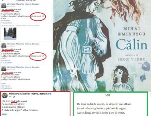 Poetul nepereche, omagiat în bătaie de joc de ministerul condus de controversatul Cătălin Predoiu. Ministerul de Interne a greșit titlul uneia dintre cele mai cunoscute poezii ale lui Mihai Eminescu, a schimbat versurile și a modificat structura versificației