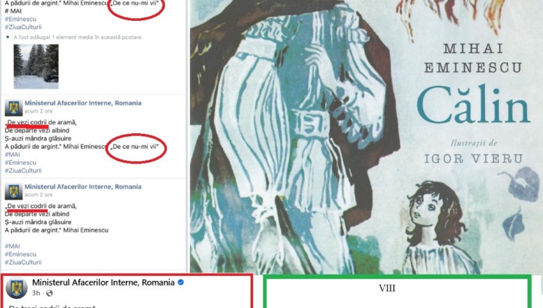 Poetul nepereche, omagiat în bătaie de joc de ministerul condus de controversatul Cătălin Predoiu. Ministerul de Interne a greșit titlul uneia dintre cele mai cunoscute poezii ale lui Mihai Eminescu, a schimbat versurile și a modificat structura versificației