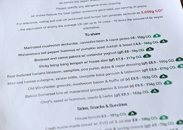 Progresism culinar: un restaurant din Marea Britanie publică în menu și  amprentele de carbon ale preparatelor