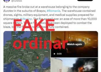 Fake-news grosolan despre România, cu imagini și hărți, distribuit de canale rusești populare pe Twitter și Telegram: „Incendiu devastator la Brașov! Arde un depozit în care se află drone, echipamente militare și medicale pentru Ucraina!”