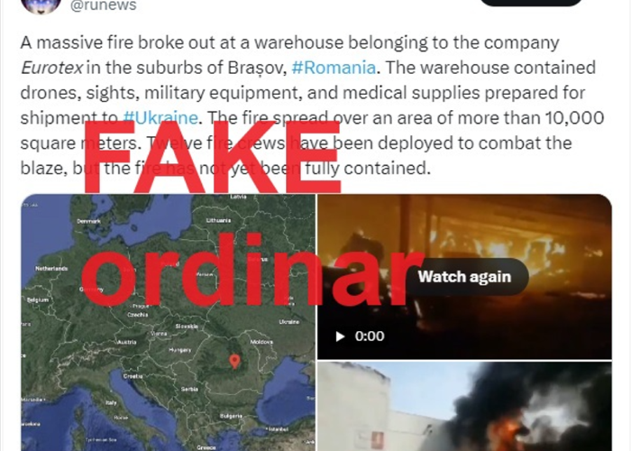 Fake-news grosolan despre România, cu imagini și hărți, distribuit de canale rusești populare pe Twitter și Telegram: „Incendiu devastator la Brașov! Arde un depozit în care se află drone, echipamente militare și medicale pentru Ucraina!”