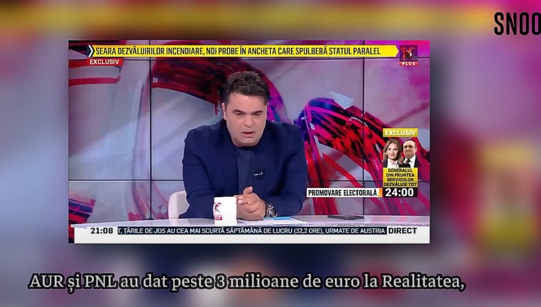 VIDEO. Cum se duc banii românilor către televiziunile unor infractori. Investigație SNOOP: Realitatea Plus a încasat, într-o singură lună, patru milioane de euro de la PSD, PNL și AUR / Partidul „antisistem” al lui George Simion a plătit două milioane de euro către televiziunea rusofilă a unui fost pușcăriaș și refuză să informeze transparent despre asta