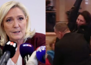VIDEO Le Pen spune că vrea o apropiere strategică între NATO și Rusia. O protestatară pașnică a fost pusă la pământ de forțele de ordine când a afișat o pancartă în care prezidențiabila franceză se afla la Kremlin alături de Vladimir Putin