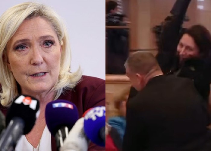 VIDEO Le Pen spune că vrea o apropiere strategică între NATO și Rusia. O protestatară pașnică a fost pusă la pământ de forțele de ordine când a afișat o pancartă în care prezidențiabila franceză se afla la Kremlin alături de Vladimir Putin