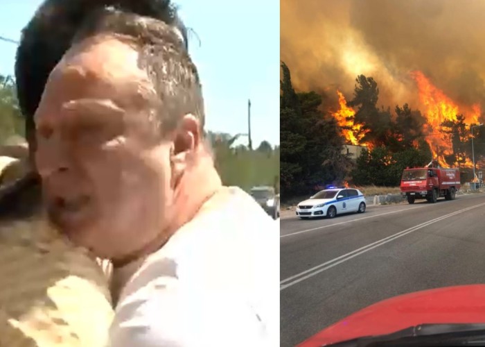 VIDEO. Grecia arde din nou. Pompierii români sunt primiți cu urale și lacrimi. Un grec izbucnește în plâns și-l ia în brațe pe reporterul român care transmite de la fața locului: „Mulțumim”