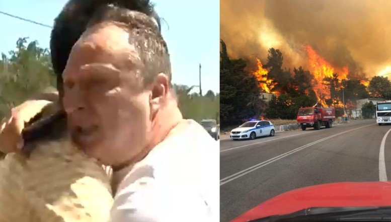VIDEO. Grecia arde din nou. Pompierii români sunt primiți cu urale și lacrimi. Un grec izbucnește în plâns și-l ia în brațe pe reporterul român care transmite de la fața locului: „Mulțumim”