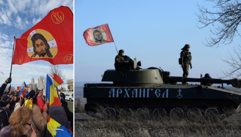EXCLUSIV. Poliția Română reacționează după ce manifestanții lui Georgescu și ai AUR au afișat un steag imperialist de lupta al rușilor folosit în operațiunile de ocupație din Ucraina. Sub astfel de flenduri au fost săvârșite crime de război / Asigurările date de autoritățile române